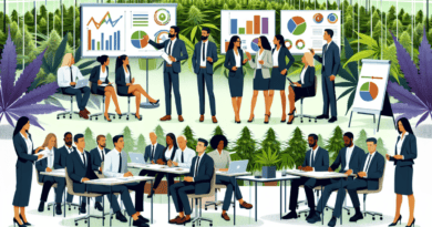 Create an image of a professional training workshop for managers in the cannabis industry. The scene should include diverse participants in business attire, engaging in interactive sessions, discussin