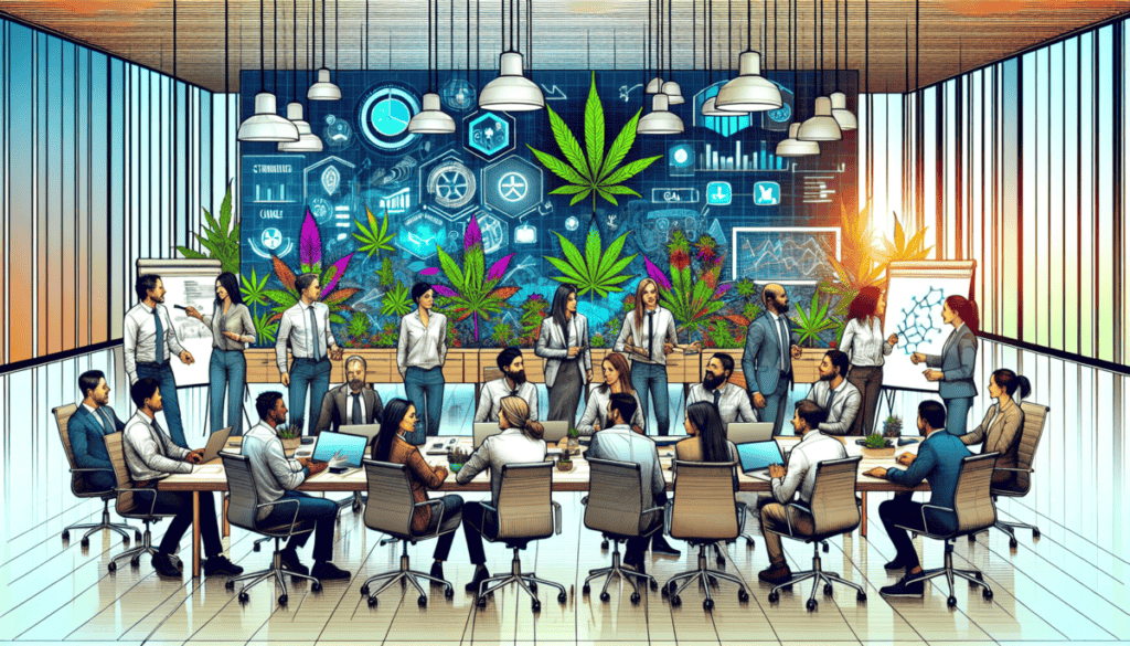 Create an illustration of a modern cannabis business office with professionals engaged in a dynamic team meeting. Highlight elements of change management such as strategic planning charts, timelines,