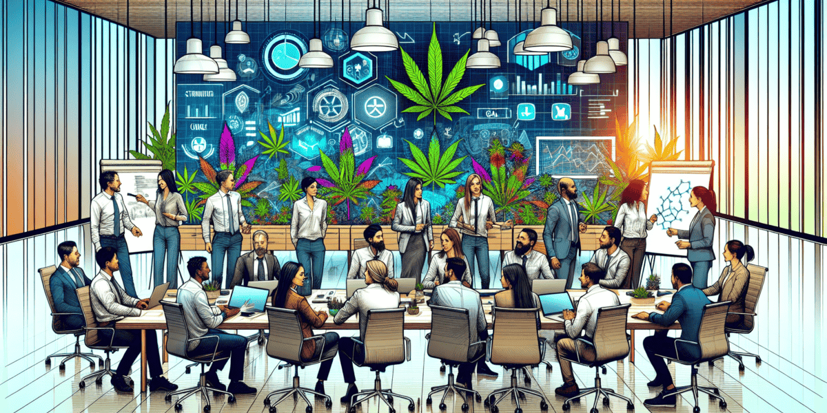 Create an illustration of a modern cannabis business office with professionals engaged in a dynamic team meeting. Highlight elements of change management such as strategic planning charts, timelines,