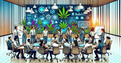 Create an illustration of a modern cannabis business office with professionals engaged in a dynamic team meeting. Highlight elements of change management such as strategic planning charts, timelines,