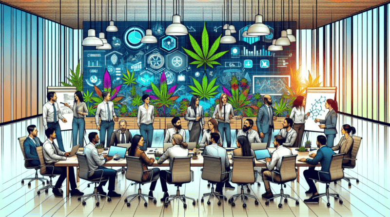 Create an illustration of a modern cannabis business office with professionals engaged in a dynamic team meeting. Highlight elements of change management such as strategic planning charts, timelines,