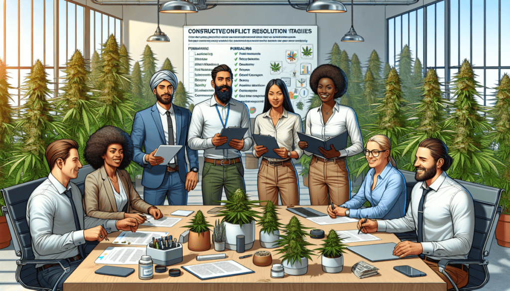 Create an image depicting a diverse group of employees from a cannabis company engaged in a constructive conflict resolution meeting. The setting is a modern, well-lit office with visible cannabis pla