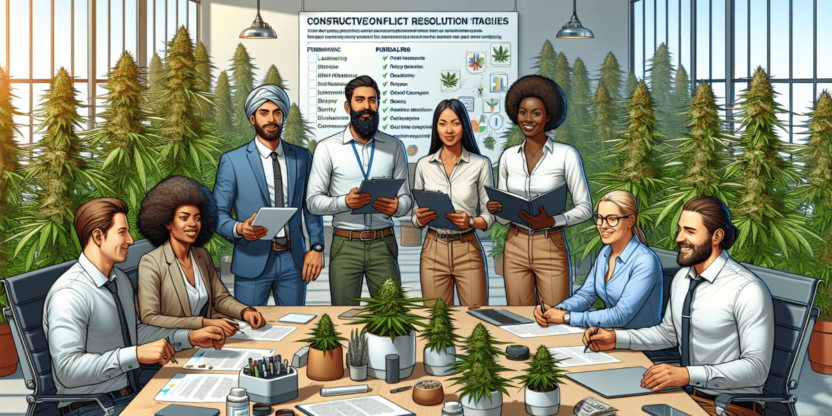 Create an image depicting a diverse group of employees from a cannabis company engaged in a constructive conflict resolution meeting. The setting is a modern, well-lit office with visible cannabis pla