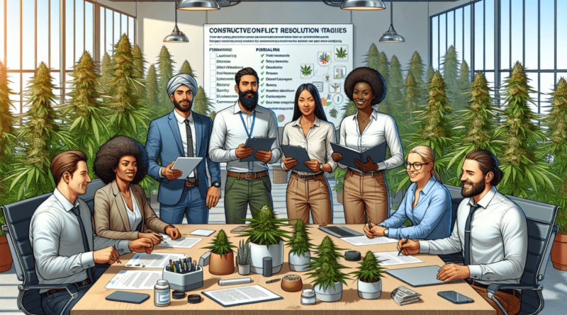 Create an image depicting a diverse group of employees from a cannabis company engaged in a constructive conflict resolution meeting. The setting is a modern, well-lit office with visible cannabis pla