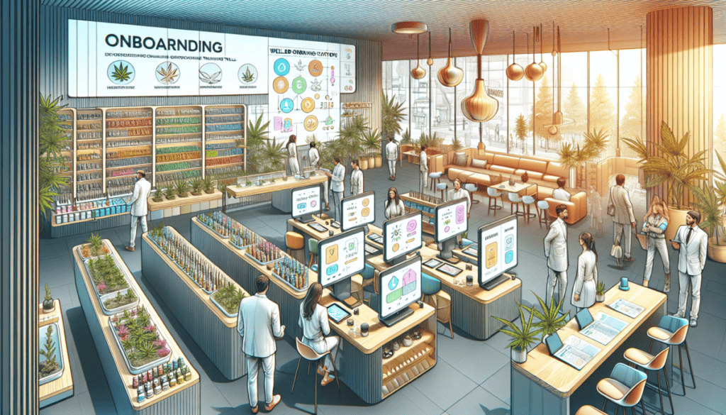 Create a detailed illustration of a modern, welcoming cannabis dispensary with well-organized onboarding stations. Show new employees engaging with digital training materials on tablets, guided by fri