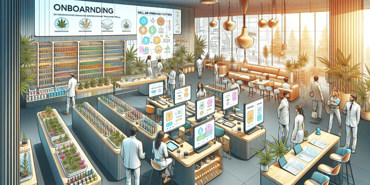 Create a detailed illustration of a modern, welcoming cannabis dispensary with well-organized onboarding stations. Show new employees engaging with digital training materials on tablets, guided by fri