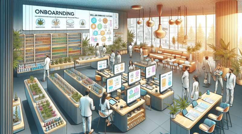 Create a detailed illustration of a modern, welcoming cannabis dispensary with well-organized onboarding stations. Show new employees engaging with digital training materials on tablets, guided by fri