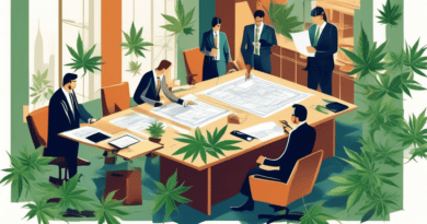 Create an illustration depicting a modern office setting where legal professionals are reviewing complex documents and property blueprints with cannabis leaves subtly integrated into the design. The s