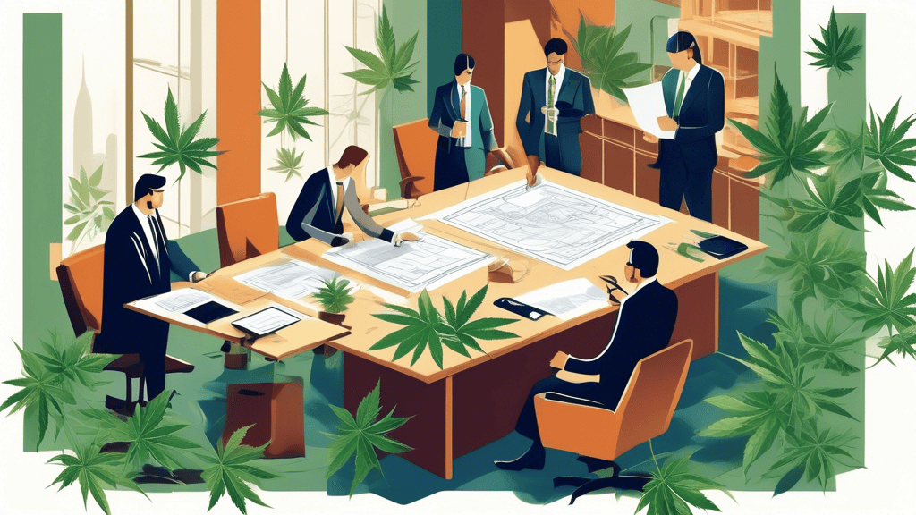 Create an illustration depicting a modern office setting where legal professionals are reviewing complex documents and property blueprints with cannabis leaves subtly integrated into the design. The s