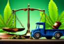 Create an image of a gavel and scales of justice set against the backdrop of a cannabis leaf and a transport truck. The scene should reflect a legal environment, possibly with a courtroom setting, emp