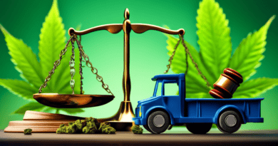 Create an image of a gavel and scales of justice set against the backdrop of a cannabis leaf and a transport truck. The scene should reflect a legal environment, possibly with a courtroom setting, emp