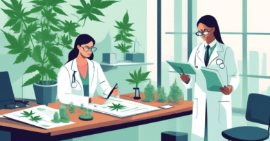 Create an image that illustrates the legal considerations for cannabis clinical trials. Show a professional setting with researchers in white coats examining cannabis plants and discussing legal docum