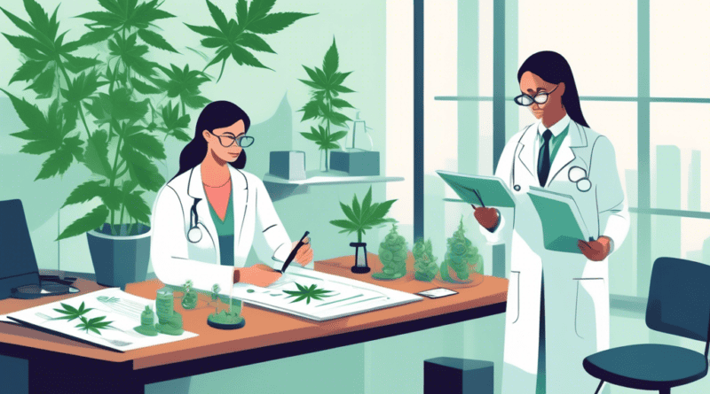 Create an image that illustrates the legal considerations for cannabis clinical trials. Show a professional setting with researchers in white coats examining cannabis plants and discussing legal docum