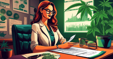 A professional legal advisor in a stylish office setting, reviewing documents related to cannabis franchising. Include visuals such as cannabis leaves, legal scales, and business charts to highlight b
