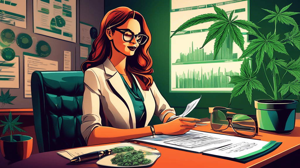 A professional legal advisor in a stylish office setting, reviewing documents related to cannabis franchising. Include visuals such as cannabis leaves, legal scales, and business charts to highlight b