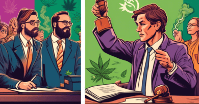 An illustration showing a split image: on one side, a vibrant, engaging social media post promoting a cannabis product, complete with likes, comments, and shares, and on the other side, a serious cour