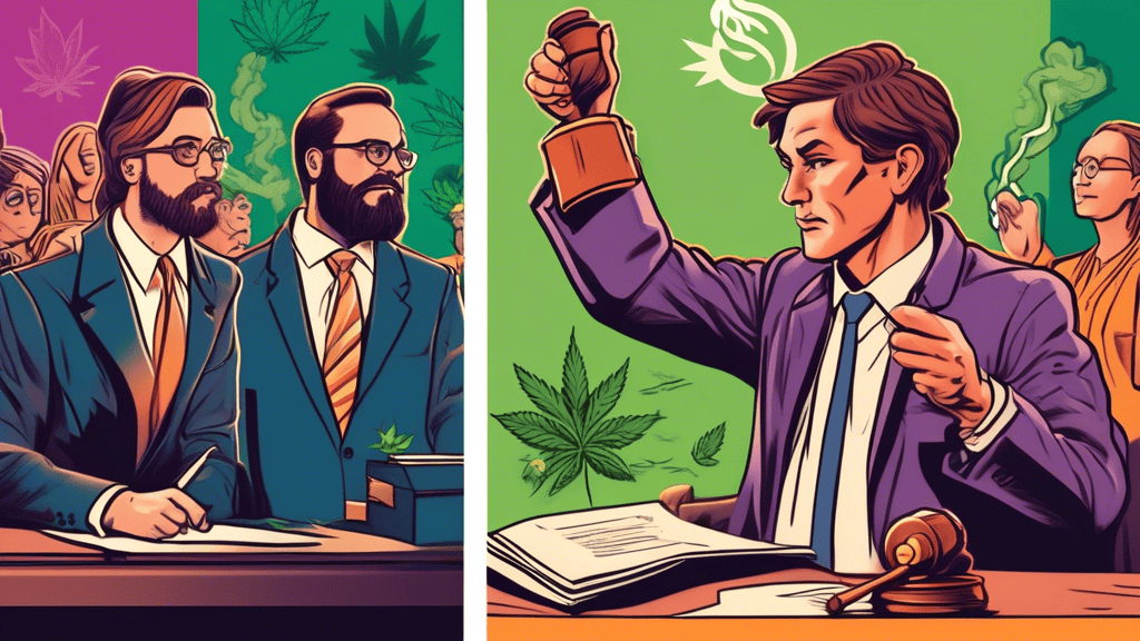 An illustration showing a split image: on one side, a vibrant, engaging social media post promoting a cannabis product, complete with likes, comments, and shares, and on the other side, a serious cour