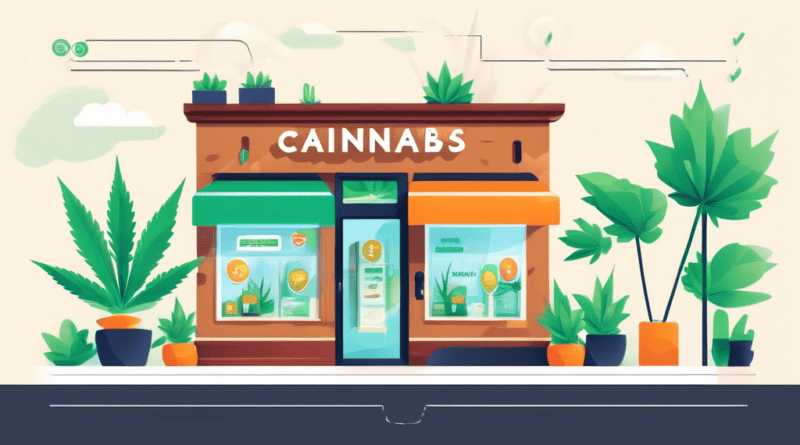 Create an image of a modern cannabis dispensary with a welcoming storefront, featuring vibrant signage and a friendly atmosphere. Surrounding the dispensary, show a map with pinpoint markers indicatin