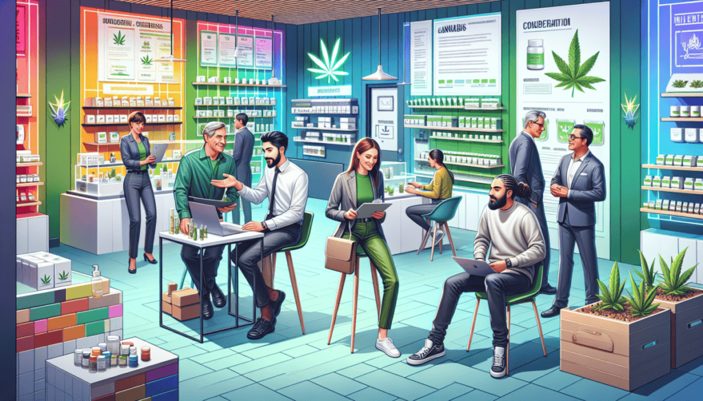 Create a vibrant and engaging workplace scene set in a modern cannabis dispensary. The image features employees from various generations interacting harmoniously. Show a Baby Boomer manager mentoring