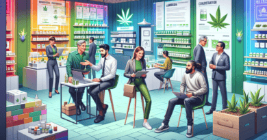 Create a vibrant and engaging workplace scene set in a modern cannabis dispensary. The image features employees from various generations interacting harmoniously. Show a Baby Boomer manager mentoring