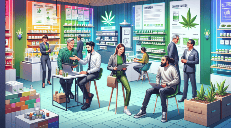 Create a vibrant and engaging workplace scene set in a modern cannabis dispensary. The image features employees from various generations interacting harmoniously. Show a Baby Boomer manager mentoring