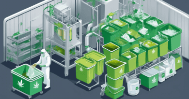 Create a detailed illustration of a cannabis processing facility with a focus on proper waste disposal methods. Show clear labeling for different types of waste (organic, recyclable, hazardous) and wo