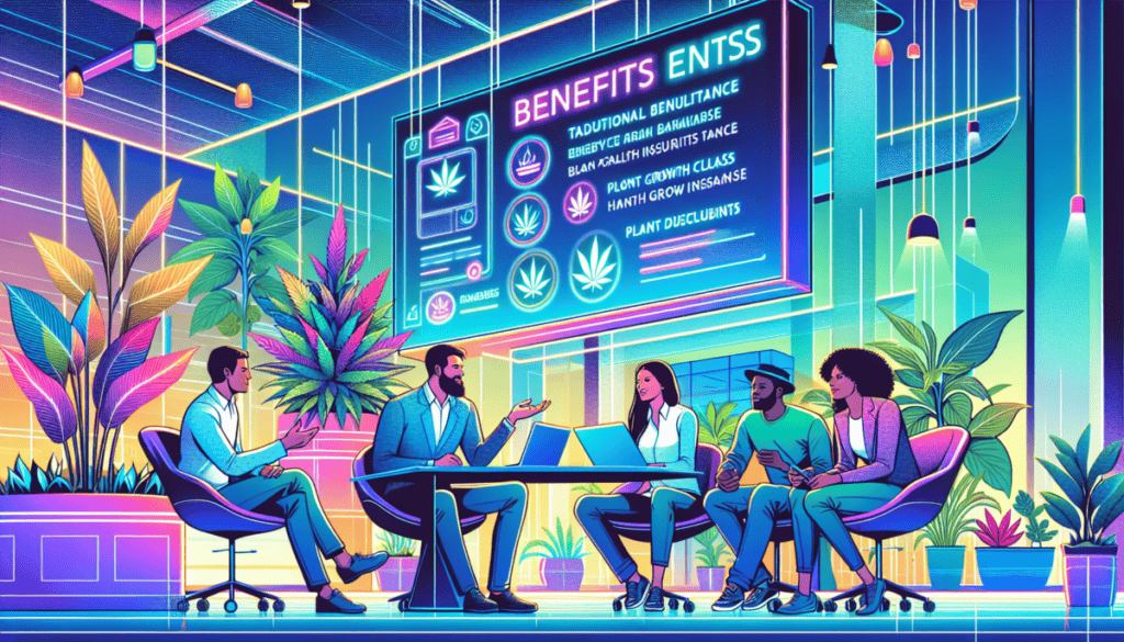 Create an illustration depicting a futuristic office scene with employees discussing their benefits packages. Include both traditional benefits like health insurance and unique options relevant to the