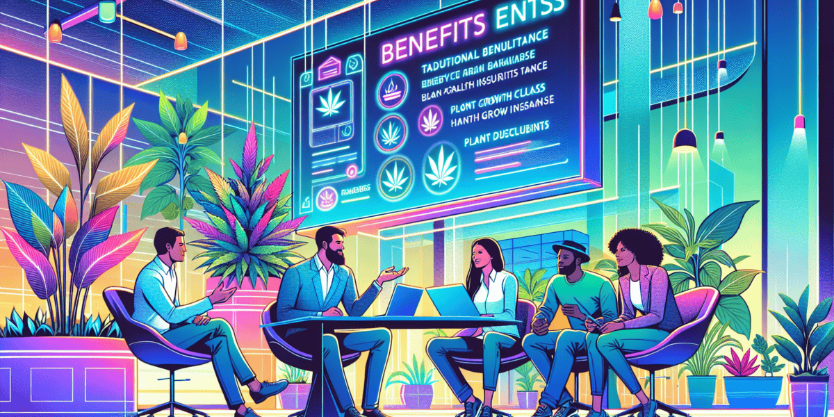 Create an illustration depicting a futuristic office scene with employees discussing their benefits packages. Include both traditional benefits like health insurance and unique options relevant to the