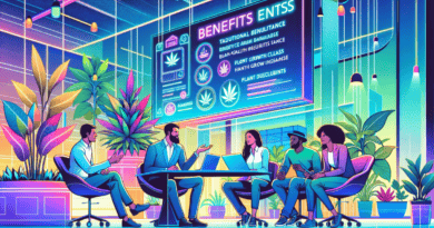 Create an illustration depicting a futuristic office scene with employees discussing their benefits packages. Include both traditional benefits like health insurance and unique options relevant to the