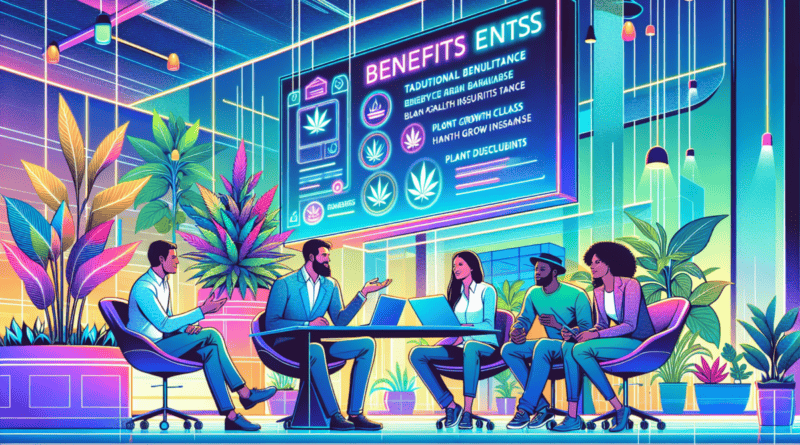 Create an illustration depicting a futuristic office scene with employees discussing their benefits packages. Include both traditional benefits like health insurance and unique options relevant to the