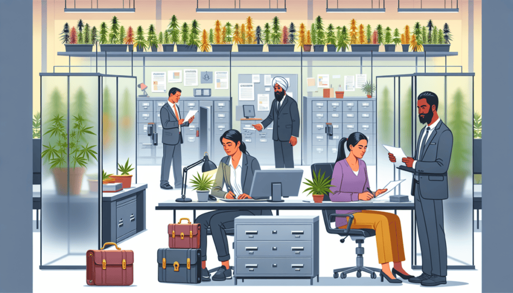 Create an image that depicts a modern office environment within a cannabis company. Show diverse employees in a professional setting, with elements like cannabis plants and related products in the bac