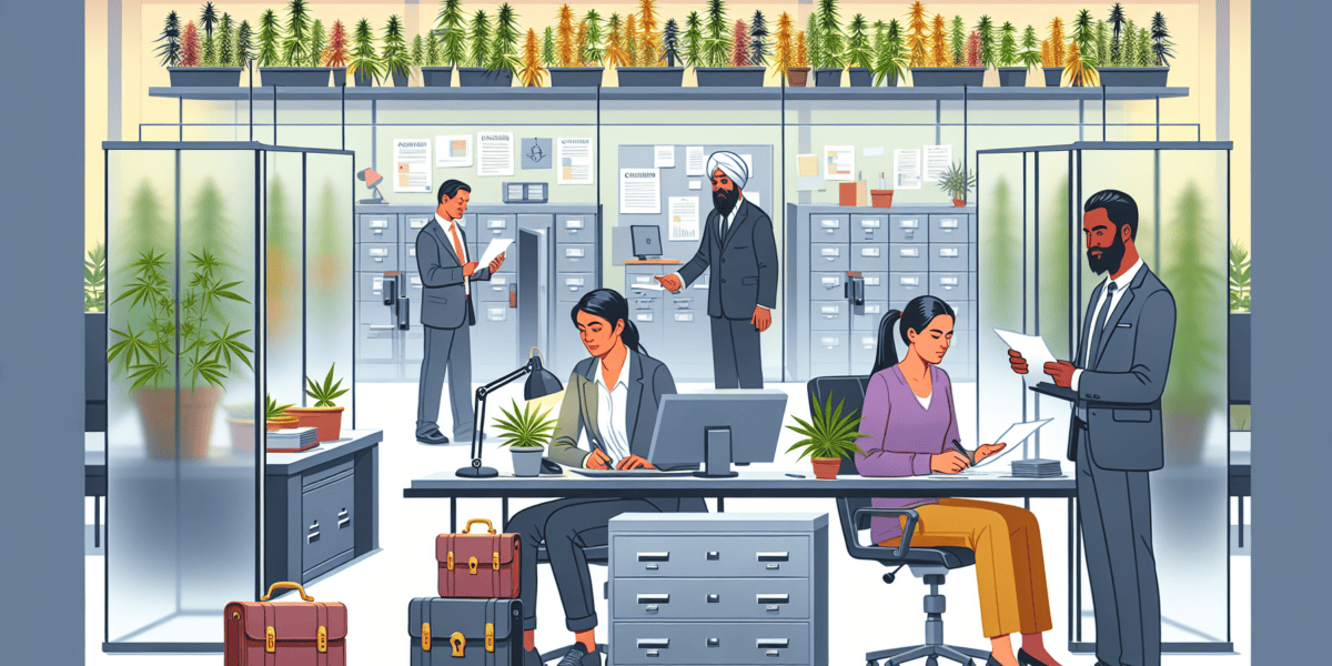 Create an image that depicts a modern office environment within a cannabis company. Show diverse employees in a professional setting, with elements like cannabis plants and related products in the bac