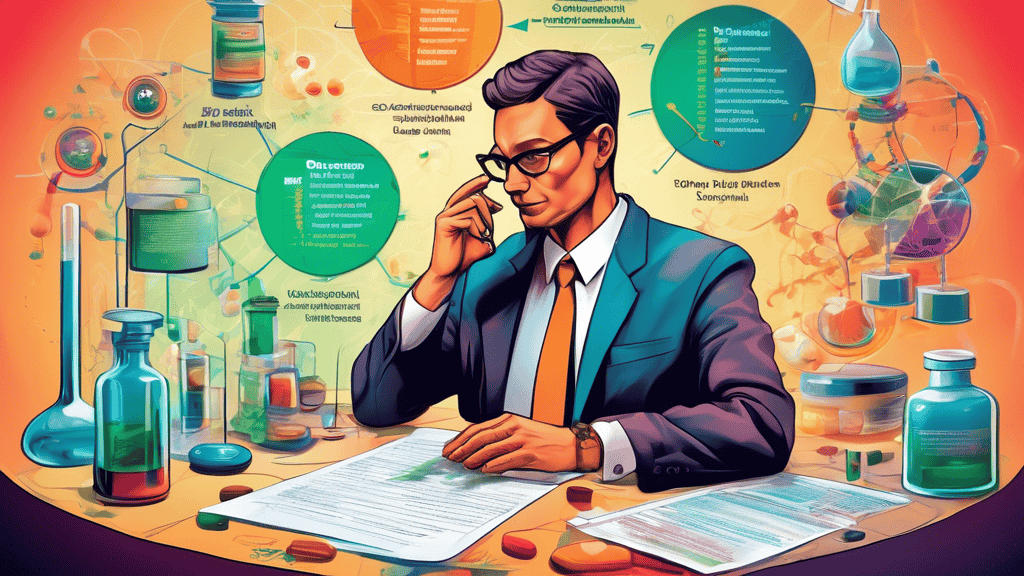 Create a detailed image of a business professional carefully analyzing a complex web of FDA regulations, represented as overlapping legal documents and flowcharts, with CBD products like oils and caps