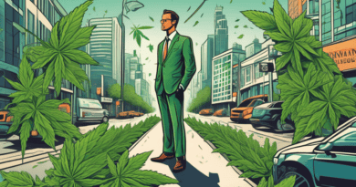 A detailed illustration depicting a businessperson wearing a suit made of cannabis leaves, standing at a crossroads with multiple signposts labeled Insurance Policies, Compliance, and Risk Management.