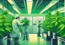 Create an image that illustrates a modern indoor cannabis cultivation facility focusing on worker safety. Include detailed elements such as ventilation systems, employees wearing protective gear like
