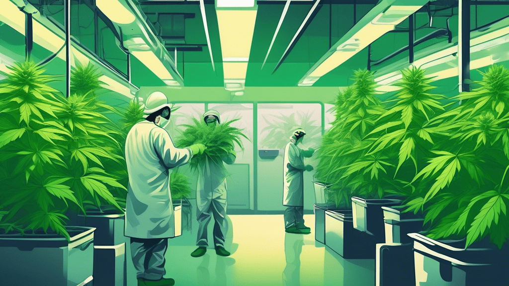 Create an image that illustrates a modern indoor cannabis cultivation facility focusing on worker safety. Include detailed elements such as ventilation systems, employees wearing protective gear like