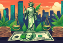 Create an illustration depicting a legal scale balancing cannabis leaves on one side and dollar bills on the other, set against a backdrop of a cannabis farm and financial district skyline. Include el