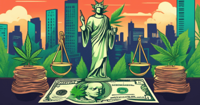 Create an illustration depicting a legal scale balancing cannabis leaves on one side and dollar bills on the other, set against a backdrop of a cannabis farm and financial district skyline. Include el