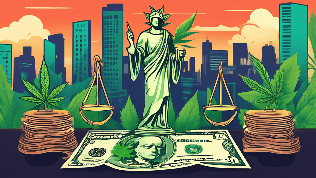 Create an illustration depicting a legal scale balancing cannabis leaves on one side and dollar bills on the other, set against a backdrop of a cannabis farm and financial district skyline. Include el