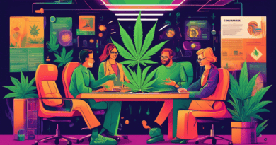 Create an illustration that depicts PR strategies for cannabis companies, showcasing elements such as credible reports, media engagement, brand awareness campaigns, and community involvement, all artf