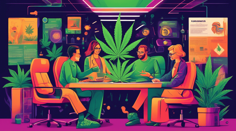 Create an illustration that depicts PR strategies for cannabis companies, showcasing elements such as credible reports, media engagement, brand awareness campaigns, and community involvement, all artf