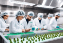 Create a detailed and professional image of a modern cannabis edibles manufacturing facility, featuring quality control workers in lab coats and hairnets inspecting products. Include machinery for mix