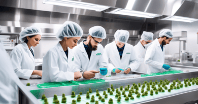 Create a detailed and professional image of a modern cannabis edibles manufacturing facility, featuring quality control workers in lab coats and hairnets inspecting products. Include machinery for mix