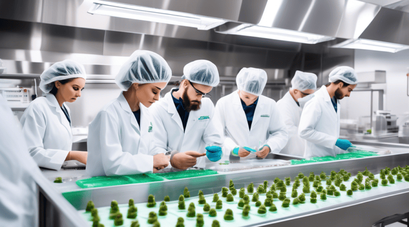 Create a detailed and professional image of a modern cannabis edibles manufacturing facility, featuring quality control workers in lab coats and hairnets inspecting products. Include machinery for mix