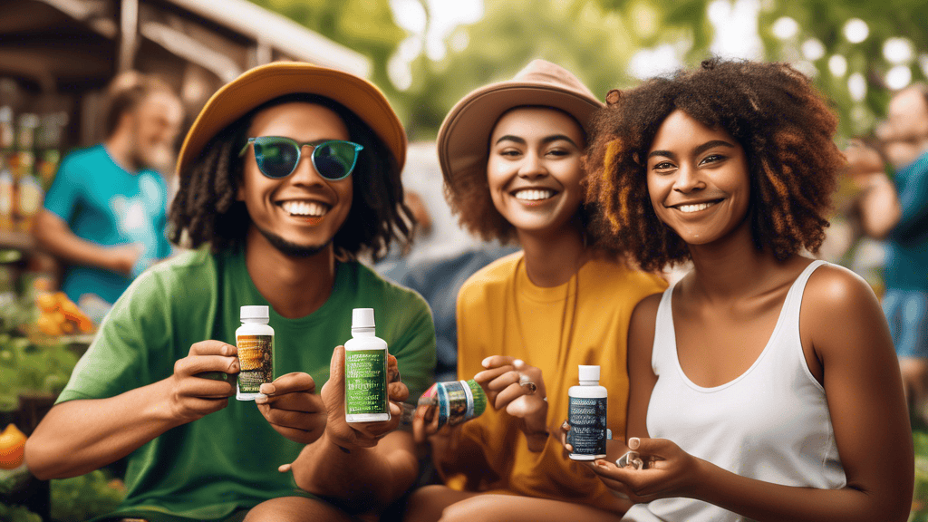 Create an image showing a diverse array of individuals from various niche demographics, all engaging with and enjoying cannabis products in a vibrant, inclusive community setting. Include people of di