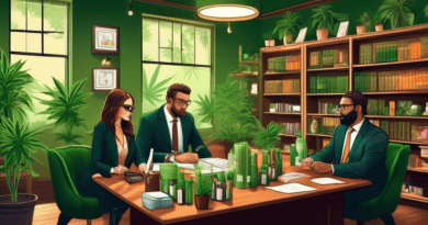 A modern, sophisticated legal office setting with a diverse group of attorneys discussing over a table filled with cannabis products (edibles, oils, and packaged goods) and trademark documents. In the