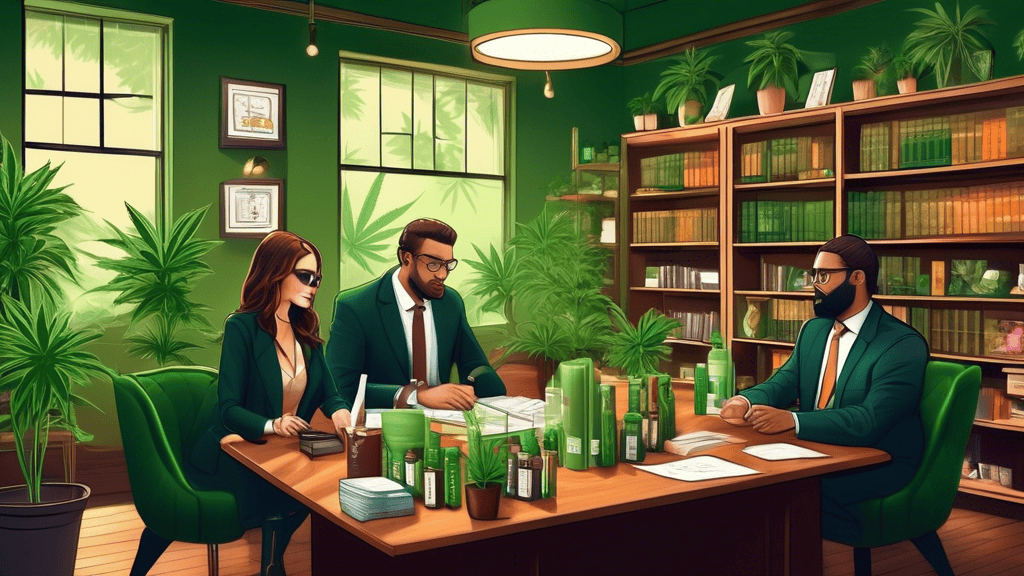 A modern, sophisticated legal office setting with a diverse group of attorneys discussing over a table filled with cannabis products (edibles, oils, and packaged goods) and trademark documents. In the