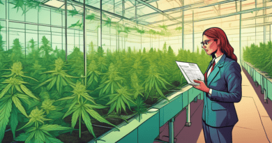 Create an image of a government official meticulously examining cannabis plants in a high-tech greenhouse facility, with documents and charts showing various export regulations on display. Include ele