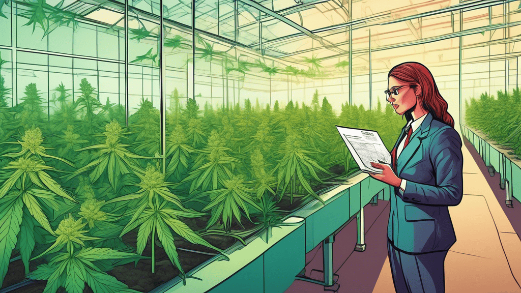 Create an image of a government official meticulously examining cannabis plants in a high-tech greenhouse facility, with documents and charts showing various export regulations on display. Include ele