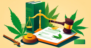 Create an image illustrating the concept of 'Cannabis Product Liability Laws,' featuring a balanced scale symbolizing justice, with cannabis leaves on one side and legal documents on the other. Includ